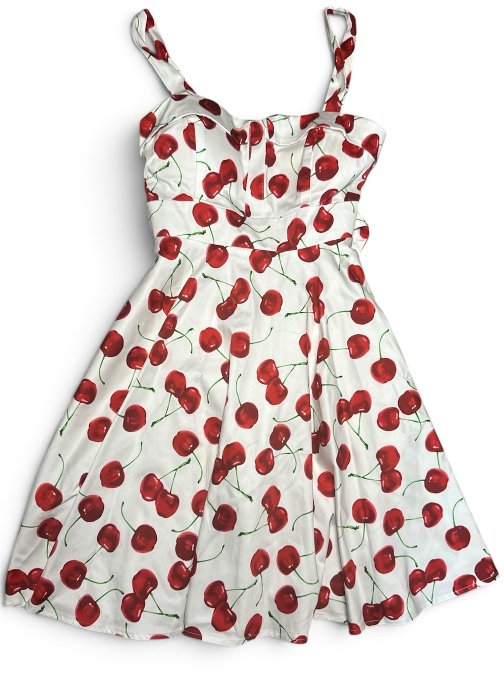🍒 Eva Rose NWT Cherry Print Fit & Flare Dress White Red Pockets L